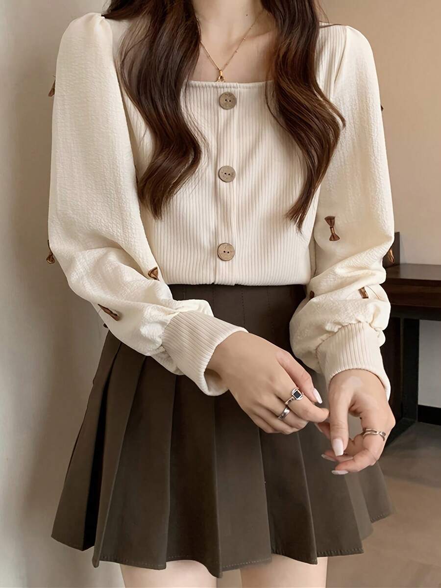 女士时尚纯色长袖纽扣领衬衫、长袖上衣 - 杏色 - 查看 1