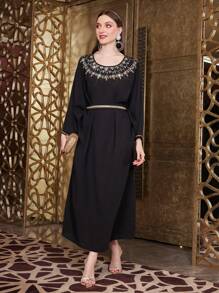 Layrah Turkish Style Caftan Dress With Batwing Sleeves And Rhinestone Decoration, Elegant Luxury Evening Party Style Kaftan Jalabiya Dress