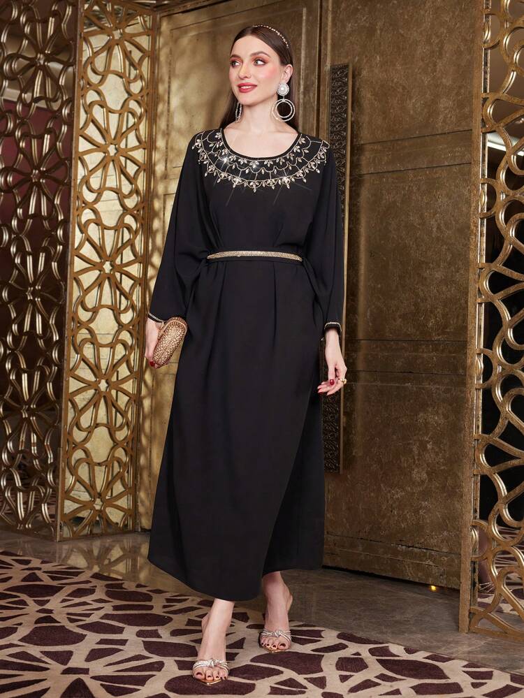 Turkish Style Caftan Dress With Batwing Sleeves And Rhinestone Decoration, Elegant Luxury Evening Party Style Kaftan Jalabiya Dress