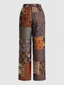 ROMWE Hippie Patchwork Print Knot Waist Trousers - Multicolor - View 2
