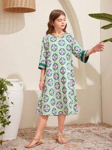 SHEIN Cô gái Tween Lỏng lẻo phù hợp Đáng yêu In hoa Cổ chữ V Đầm Midi Đối với Mặc hàng ngày Và - màu xanh lá - Xem 4