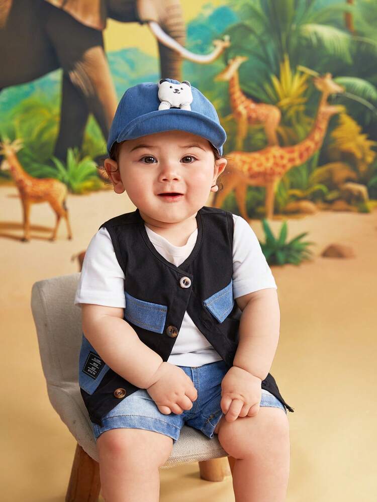 Baby Boy 3pcs/Set, Spring/Summer, Fashionable, Denim & Washed Fabric Patchwork Vest With Pocket, White T-Shirt And Light Washed Denim Shorts