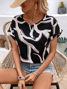 SHEIN Frenchy 女士隨機印花蝙蝠袖襯衫