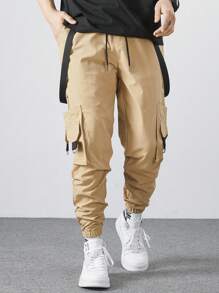 Manfinity EMRG 男士抽绳腰带口袋工装裤 卡其裤 - 卡其色 - 查看 5