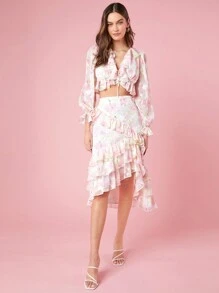 Enchnt Của phụ nữ In hoa Lá sen tỉa Áo - Màu be - Xem 3