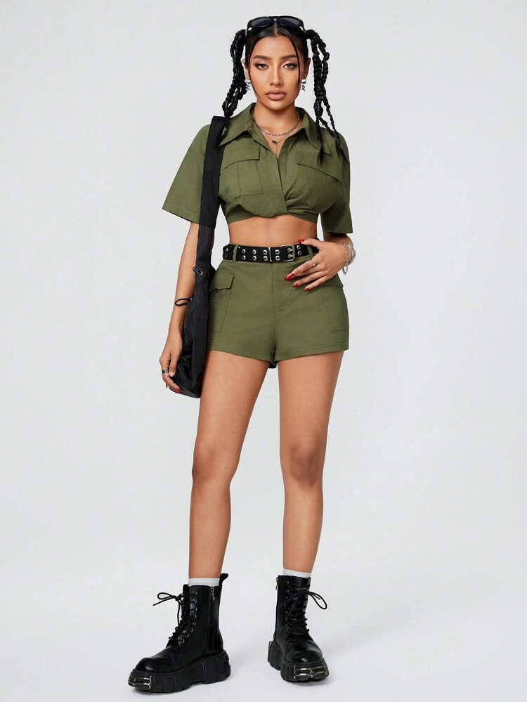 2pcs/Set Short Sleeve Cargo Shirt And Shorts