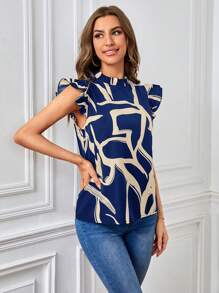 SHEIN Privé Women's Stand Collar Flutter Sleeve Shirt With Frill Edges & Pattern Print - Navy Blue - View 6