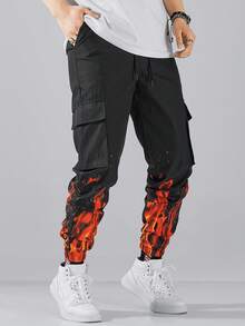 Manfinity EMRG 男火印花彈性褲腳工裝褲 - 黑色 - 查看 6