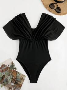 SHEIN Swim Màu thuần Đồ bơi một mảnh Với Batwing Lễ hội hóa trang - màu đen - Xem 8