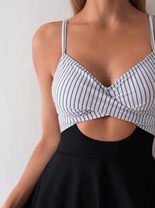 SHEIN Swim Summer Beach Striped Color Block Cut-Out Spaghetti Strap Tie Back Tankini Set - Black and White - View 5