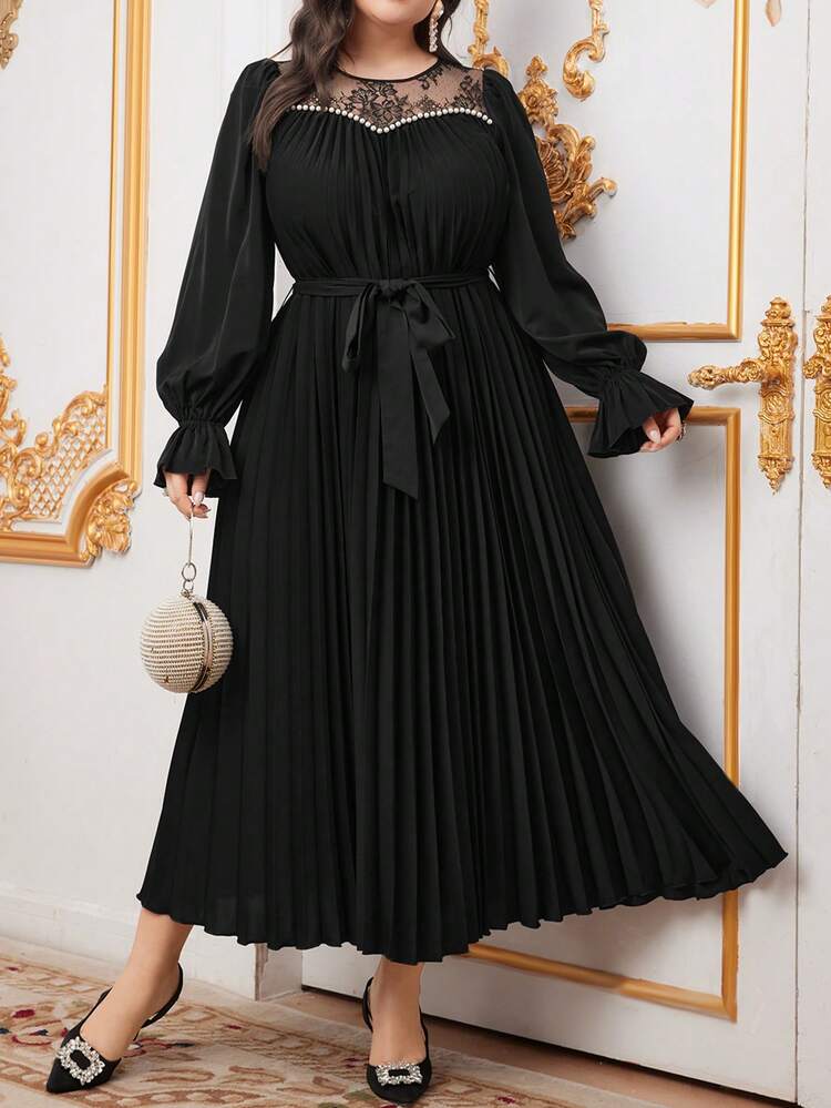 Plus Size Lace Splicing Studded Pearl Pleated Hem Dress Long Evening Dresses