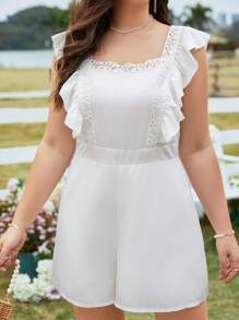 SHEIN Clasi Monos De Talla Grande En unicolor, Cuello Cuadrado Con Encaje Y Adornado Con Volantes - Blanco - Ver 3