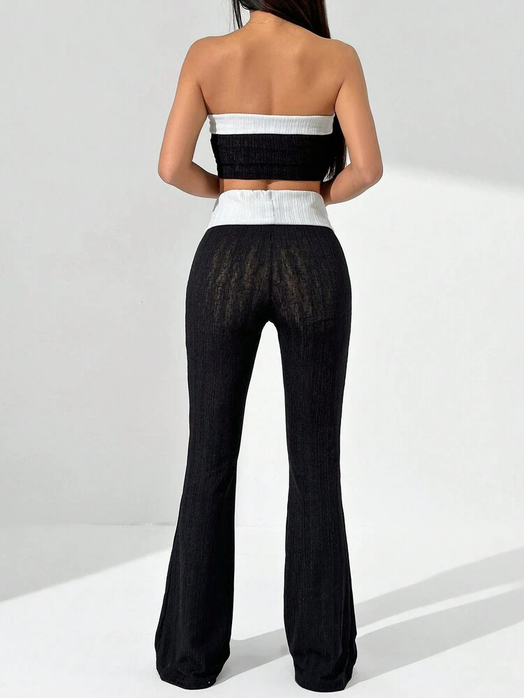 Women's Color Block Tie Front Cropped Tube Top And Flare Pants Two Piece Set