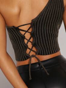 Hauture One Shoulder Lace Up Ribbed Knit Top - Black - View 3
