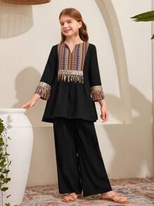 SHEIN 少女寬鬆可愛幾何印花閃亮流蘇飾邊上衣和直筒長褲