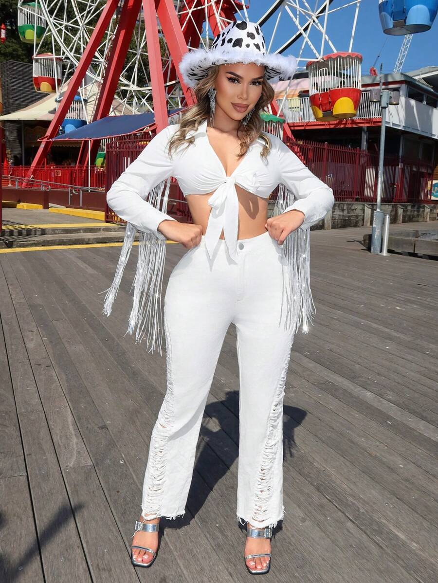 SHEIN SXY Distressed Washed Whisker Straight Jeans  Music Festival Western Wear Women Festival Outfits, Women Cruise Outfit - White - View 1