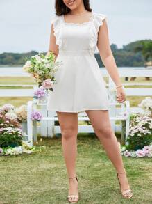 SHEIN Clasi Monos De Talla Grande En unicolor, Cuello Cuadrado Con Encaje Y Adornado Con Volantes - Blanco - Ver 5