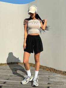 DAZY Women's Elastic Waist Drawstring Shorts Summer - Black - View 2