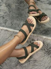 Sandalias Planas De Moda Para Mujer, Tejido De Hierba Imitación, Verde, Verano - Verde Oscuro - Ver 5