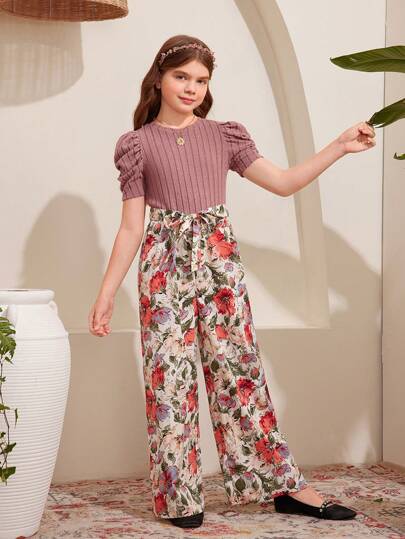 SHEIN Tween Girl Cute Flower Patchwork Print Short Sleeve Wide Leg Jumpsuit