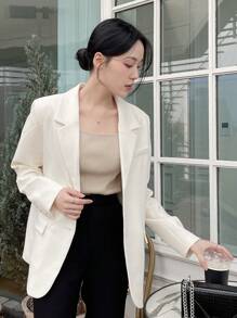 Áo khoác nữ phong cách công sở giản dị màu trơn dáng rộng tay dài dây rộng có túi cài ve áo, quần áo mùa thu - Màu be - Xem 3