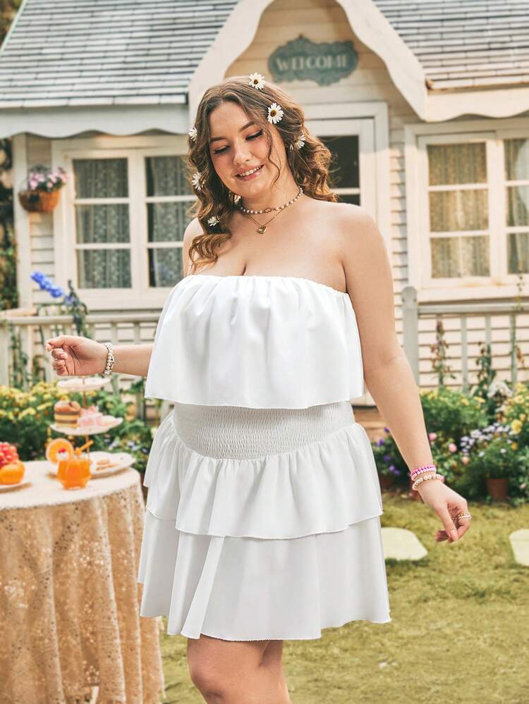 Plus Size Plain Bandeau Top & Ruffle Hem Knee Length Skirt With Gathered Waist