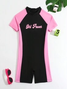 Tween Girl Color Block Short Sleeve One Piece Swimsuit With Letter Printing - Multicolor - View 1