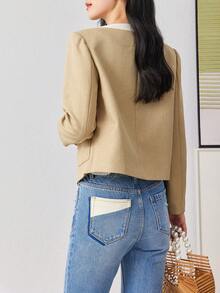 1 件女式春季优雅百搭短夹克，配色块和时尚蝴蝶结装饰 - 黃色 - 查看 2