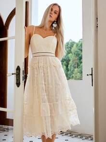 Simplee Women's Floral Mesh Spaghetti Strap Cocktail Party Dress - Apricot - View 3