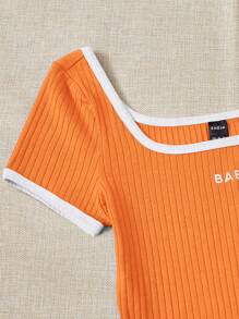 SHEIN EZwear Women's Letter Print Square Neckline Short Sleeve Bodysuit - Orange - View 4