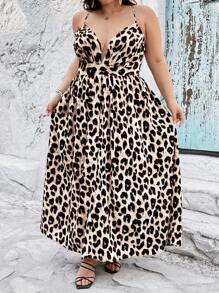 SHEIN CURVE+ Plus Size Leopard Print V-Neck Gathered Waist Sleeveless Dress - Multicolor - View 1