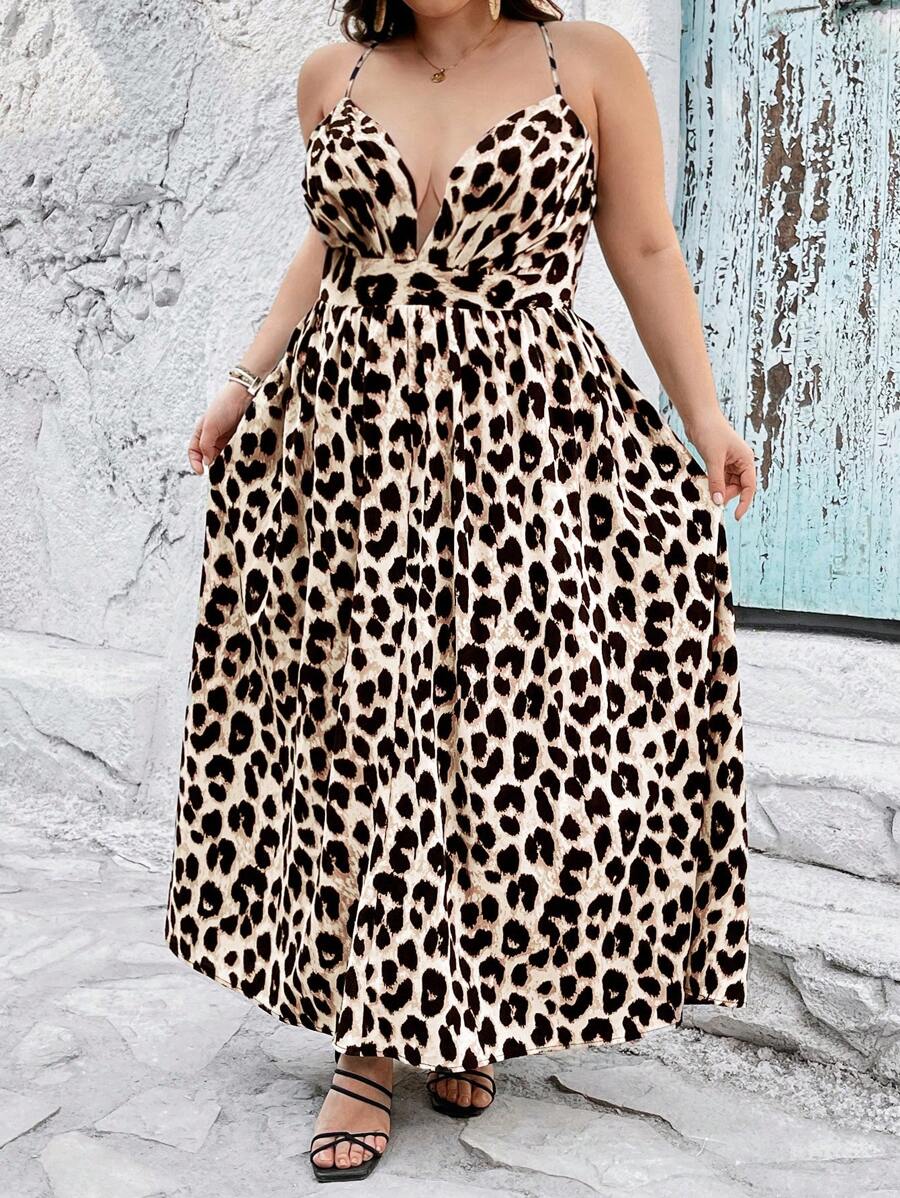 SHEIN CURVE+ Plus Size Leopard Print V-Neck Gathered Waist Sleeveless Dress - Multicolor - View 1