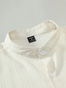 Manfinity Homme Men's Solid Color Stand Collar Short Sleeve Shirt - Beige - View 4