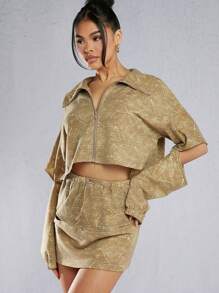 SHEIN Unity 女款鏤空長袖前拉鍊外套與迷你裙套裝