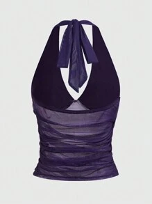 ROMWE Goth Của phụ nữ Lưới Dây Hoa Pha lê Nghệ Embellished Eo Xếp li Áo - Màu tím - Xem 2