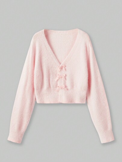Kawaii Einfarbiger Cardigan mit Schleife vorne, Schule, Langarm Oberteile