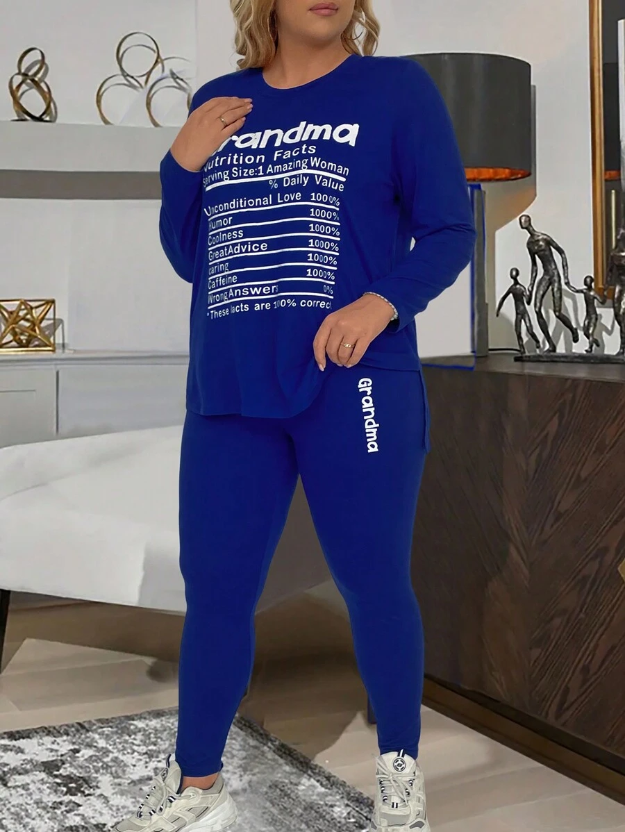 EMERY ROSE Plus Slogan Graphic Tee & Leggings - Blue - View 1