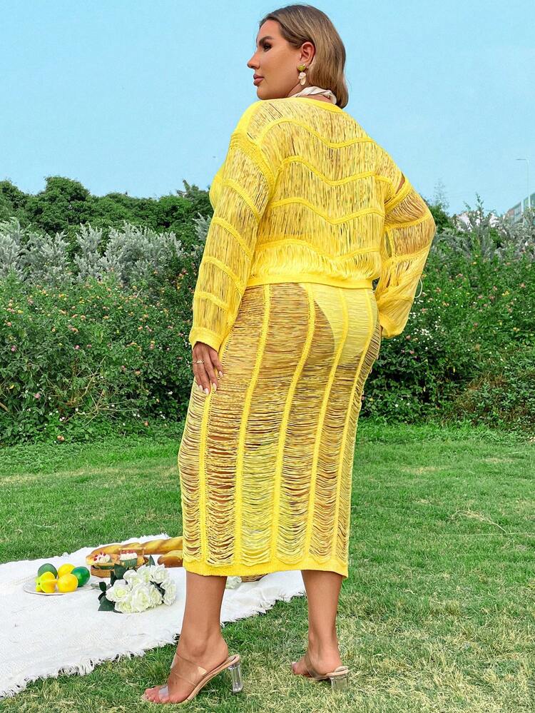 Plus Size Fashionable Solid Color Hollow Out Knit Boat Neck Sweater And Skirt Fall Cloth For Women
