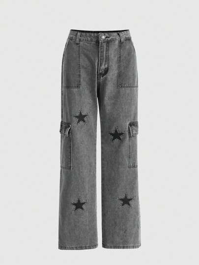 Fairycore Star Print Flap Pocket Cargo Jeans