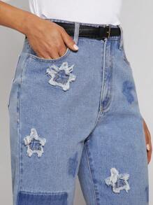 Denimoi 休闲星星贴片磨边七分牛仔裤 - 淺色水洗藍 - 查看 5