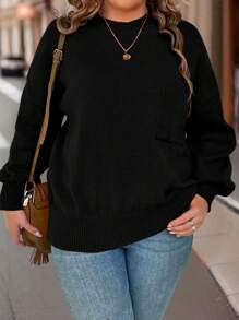 SHEIN LUNE 加码落肩口袋拼接毛衣，适合冬季和秋季穿着的针织套头衫 - 黑色 - 查看 3