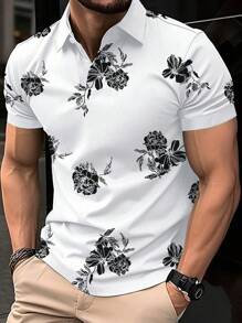Manfinity Homme 男款花卉印花短袖POLO衫，鈕扣衣領多彩度假款式 - 白色 - 查看 1