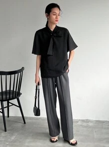FRIFUL Women's Tie Front Short Sleeve Shirt Work Women Clothes - Black - View 9