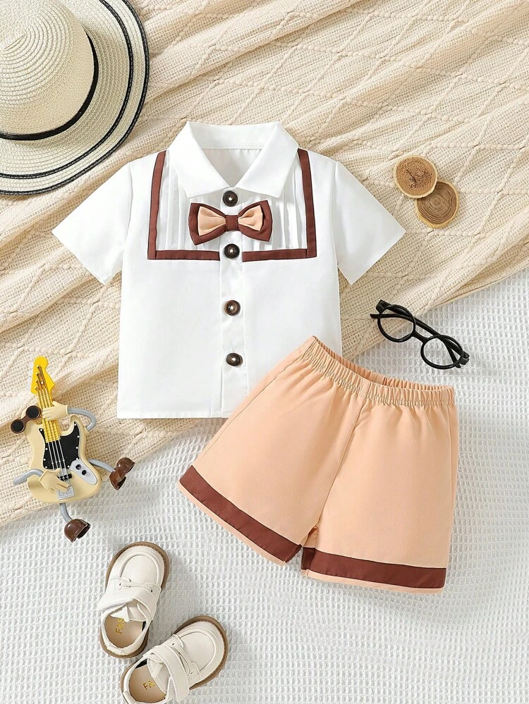 Baby Boy Summer Gentleman Style Shirt And Shorts Set, Preppy Style