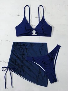 SHEIN Swim Summer Beach 3pcs/Set Separated Bikini Set (Random Print) - Navy Blue - View 5