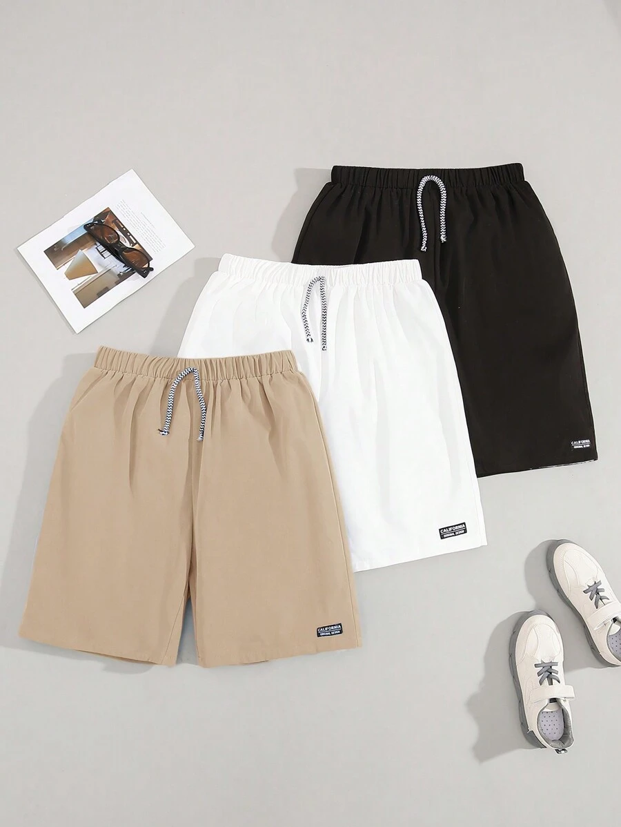 SHEIN Quần short dây rút chi tiết kẻ sọc thông thường dành cho thiếu niên tuổi teen, mùa hè, nhiều gói - Màu Khaki - Xem 1