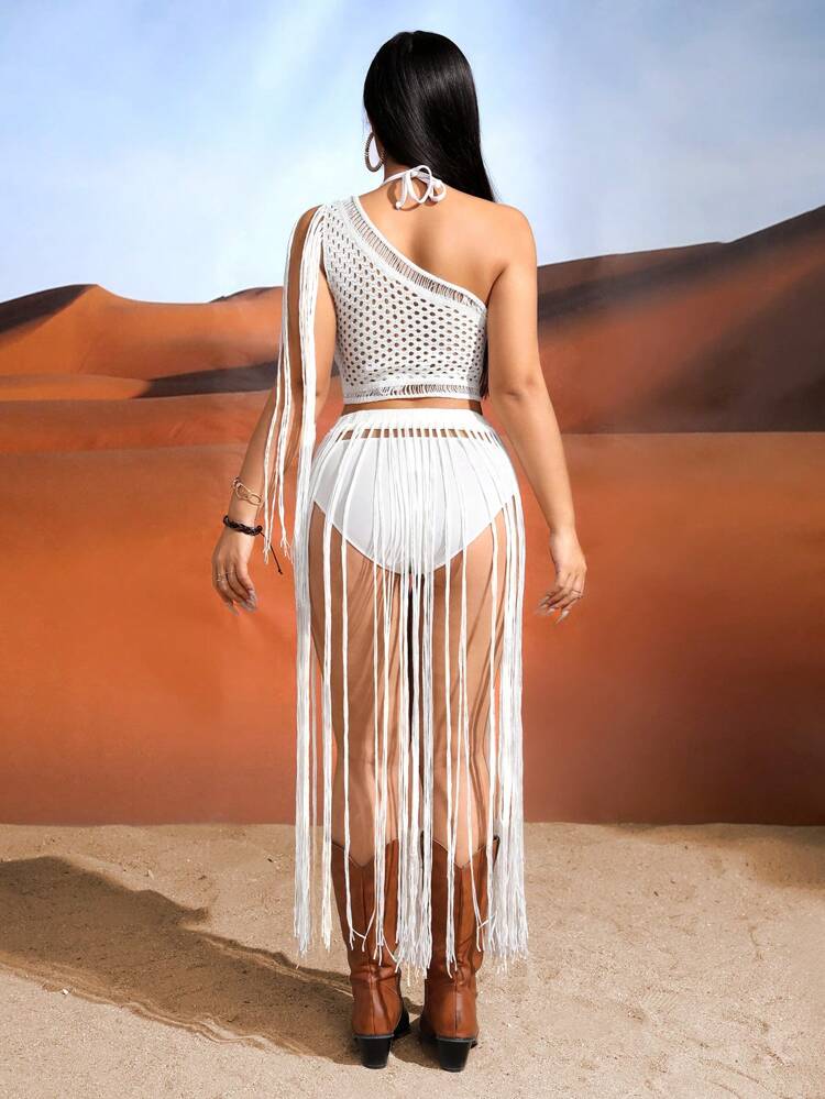 1pc Women's Tassel Trimmed Cropped One Shoulder Top And 1pc Tassel Hem Cover Up Skirt Set Summer