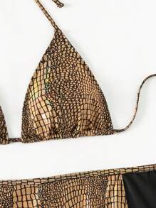 SHEIN Swim 3pcs Crocodile Print Halter Neck Bikini Set Summer Beach