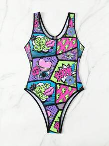 Swim EVENT 1pc Women's Letter Print Open Back Sleeveless One Piece Swimsuit, Casual Style Summer