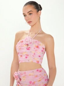 Enchnt Floral Printed 3d Flower Halter Top With Ruffle Detail - Pink - View 5